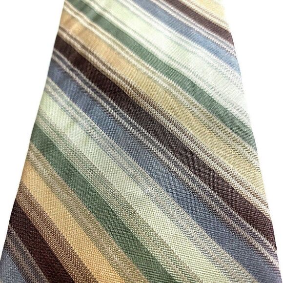 Calvin Klein Green Tan Multi-Colored Woven Striped Silk Tie - Picture 2 of 6
